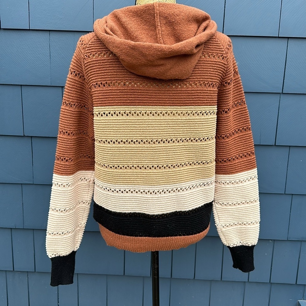 🤎🖤🤍Shein brown striped sweater zipper hoodie cardigan medium - Picture 5 of 7
